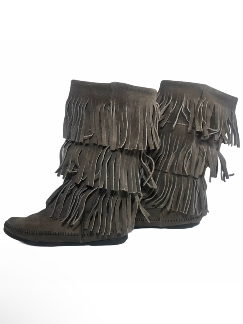 MINNETONKA 3 Layer Fringe Boots Gray Suede